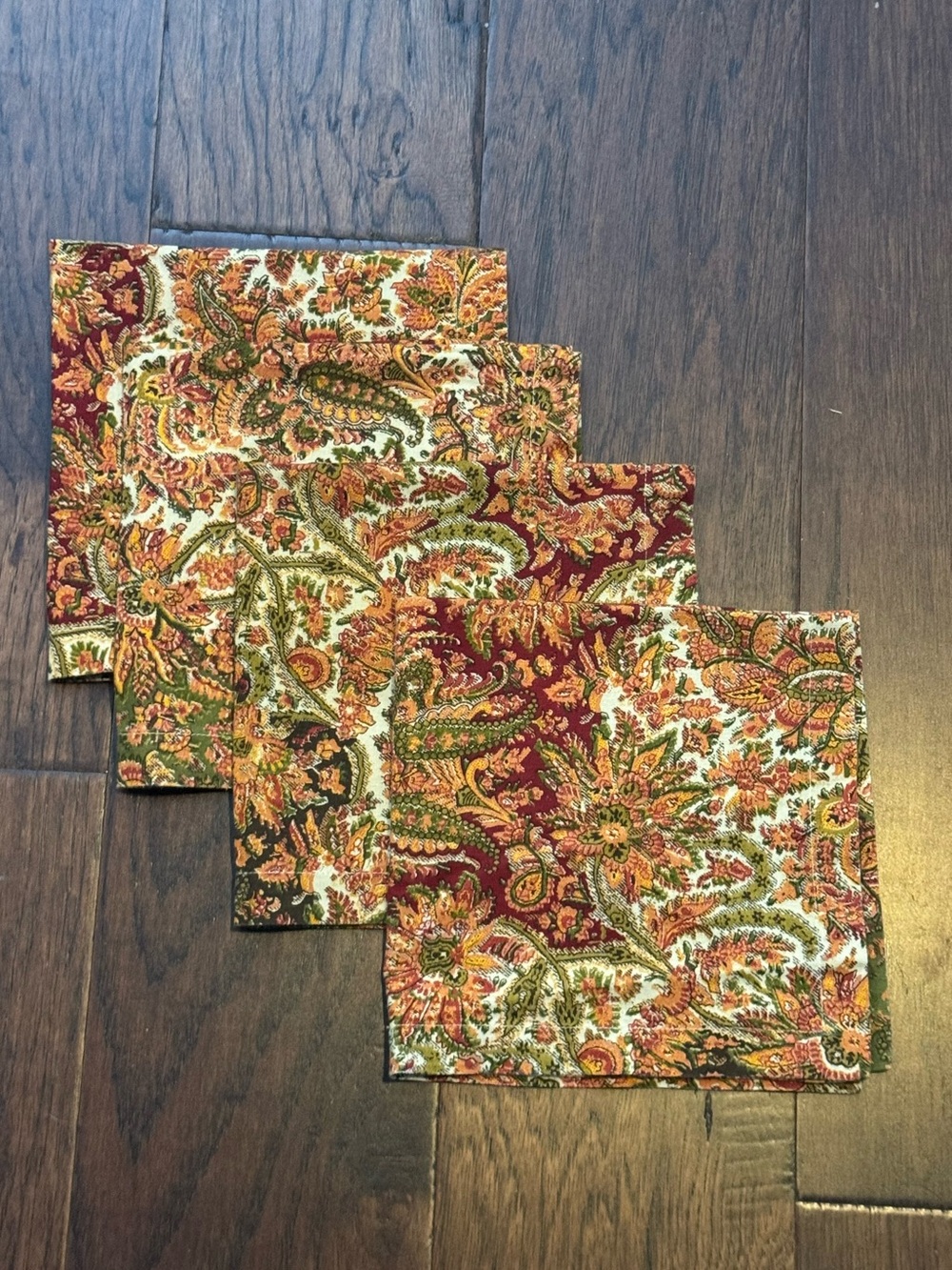 Pottery Barn Orange/Green/Red Paisley Fall Cloth Napkins - Set of 4 (PB2)